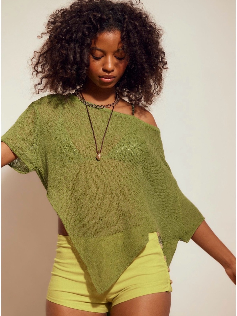 Free People Olive Green Sheer Knit Poncho Sweater